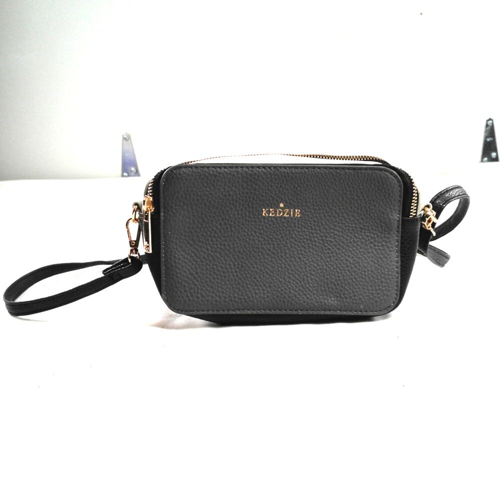 Kedzie Black Faux Leather Crossbody Bag Zip Around Gold Hardware Small